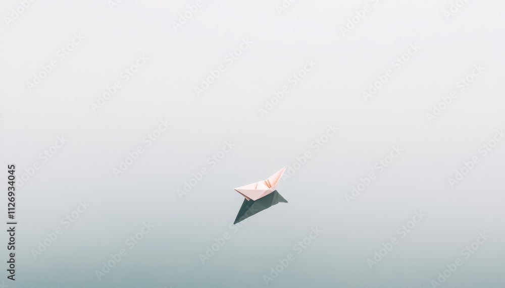 Poster minimalist scene of a single paper boat floating on calm water surrounded by soft mist and soft colo