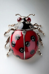 
A charming ladybug brooch with a body of glossy red enamel, black diamond spots, and a platinum head with tiny ruby eyes, showcasing whimsical sophistication