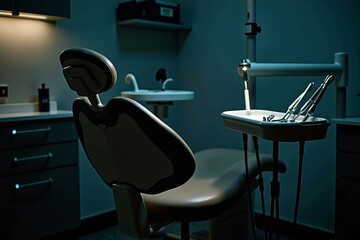 A dental chair illuminated by a focused spotlight in a dimly lit clinic, highlighting metallic details and a tray of sterilized tools, with faint shadows adding depth to the professional scene