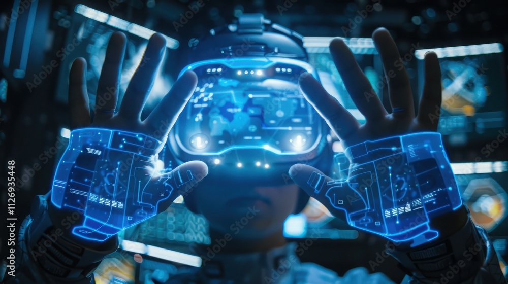 Poster astronaut interacts with futuristic virtual reality interface