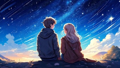 Romantic Anime Couple Stargazing: Watching the Night Sky Together, Anime Digital Art illustration for background wallpaper. Generative AI