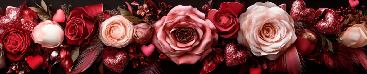 
A luxurious Valentine’s Day garland featuring intertwined heart-shaped ornaments, delicate red roses, pink carnations, and white baby’s breath, accented with satin ribbons and pearls, draped elegantl