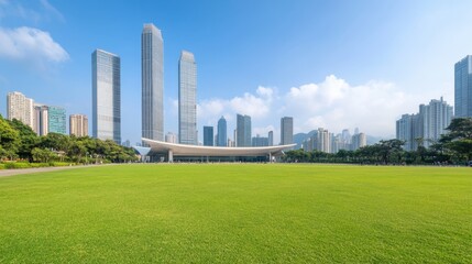Obraz premium Modern City Landscape with Skyscrapers and Lush Green Grass Field