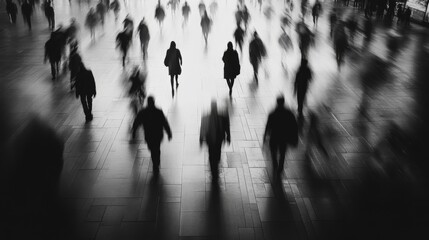 Black and white image of silhouettes walking in urban mist