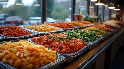 Obraz premium A buffet table with many different types of food, including a tray of fruit