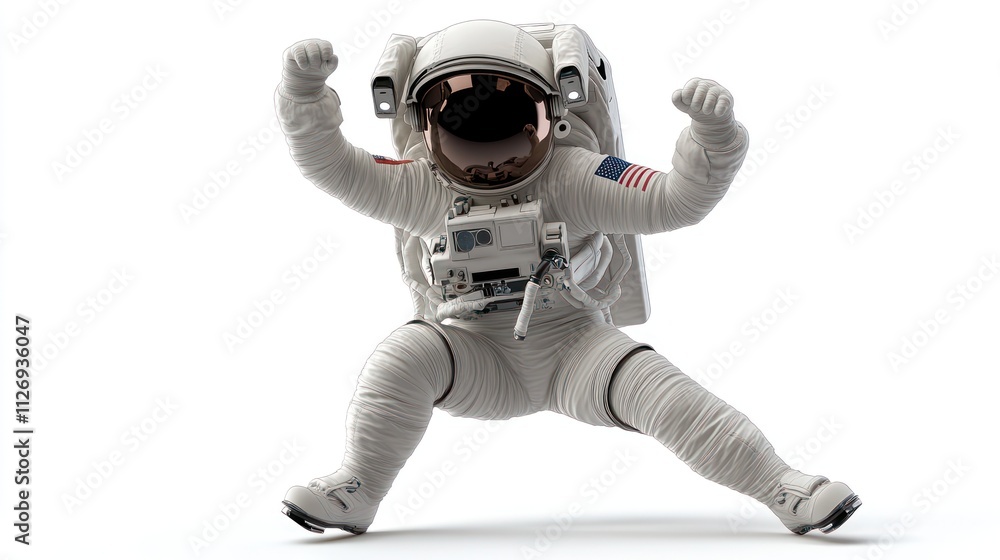 Poster a playful astronaut in a dynamic pose, showcasing space exploration and adventure.