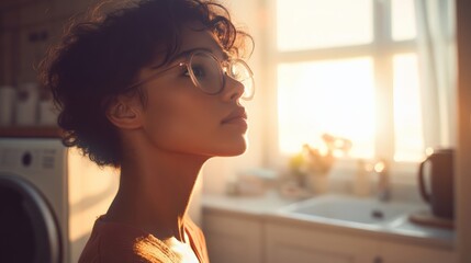 A Young Woman Looks Out The Window With Curly Hair and Glasses in a Cozy Kitchen