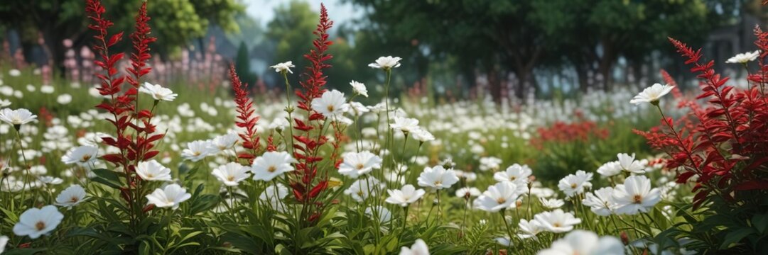 Exquisite white flowers with crimson stems in a scenic garden, ornamental, picturesque, peaceful, scenic, red accent