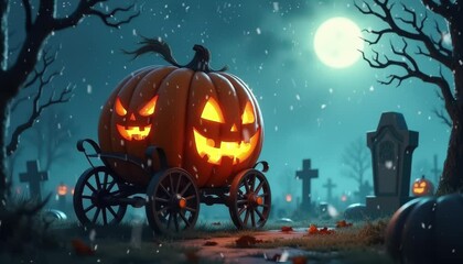 Spooky Halloween scene with falling snow and glowing lantern carriage in snowy cemetery - Powered by Adobe