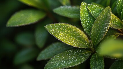 Fototapeta premium Dewy Green Leaves with Water Droplets Macro