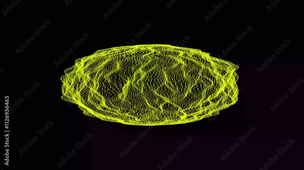 Poster abstract sphere made of points and dots. exploding particles ,yellow globe isolated on black backgro