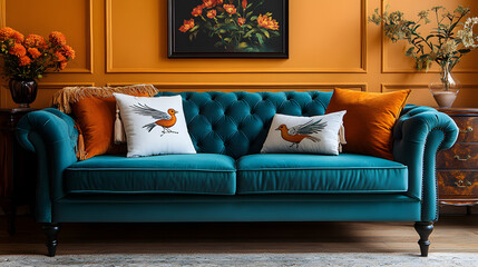 A teal velvet Chesterfield sofa adorned with a bird-print cushion, exuding luxury and comfort. The rich color and intricate patterns create a sophisticated and inviting atmosphere, perfect for modern 