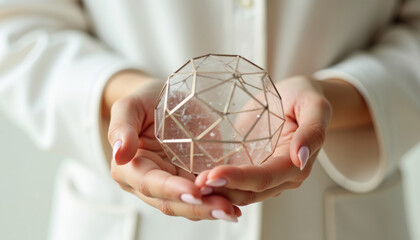 Woman's hands gently hold a delicate  geometric glass terrarium.