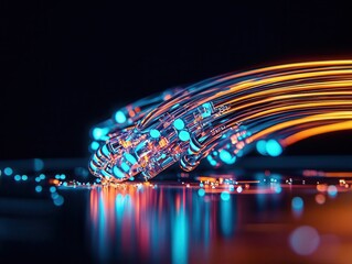 Macro of fiber optic splitter cables glowing, precision and tech aesthetics