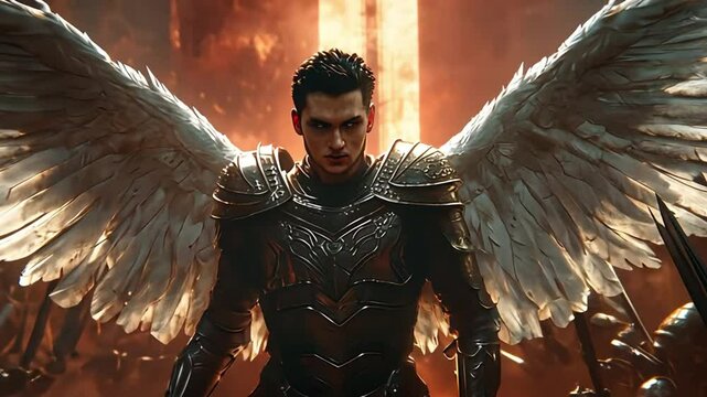 winged angel holding a sword with hordes of enemies around him. 4k video