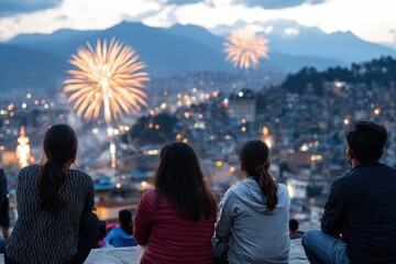 Fototapeta premium A mesmerizing view of fireworks bursting over a beautiful city during nighttime, illuminating the skyline and representing celebration, joy, and shared moments of wonder.