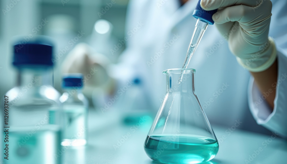 Poster a scientist carefully adds liquid to an erlenmeyer flask in a laboratory setting.