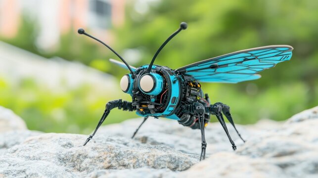Artistic Robot Bee Model on Stone Background with Green Nature Elements