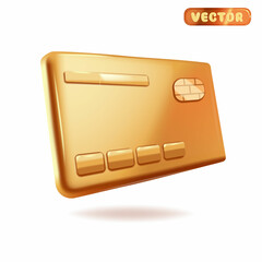 3D cartoon credit card in gold color on white background. Cnception of winning in casino, online payment.