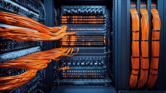 Hightech server racks with glowing fiber optic connections, sleek industrial aesthetics