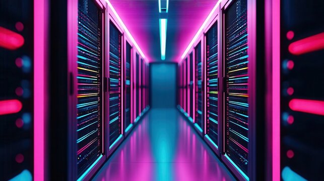 Network cables glowing within a server rack, vibrant tech imagery in a sleek industrial space