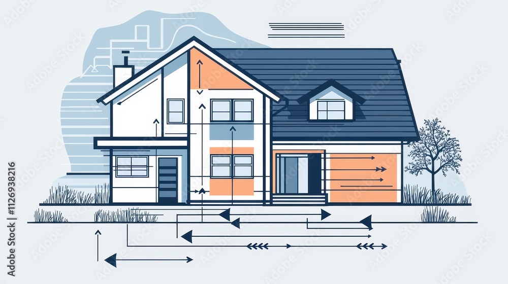 Poster a stylized illustration of a modern house featuring architectural lines and design elements, emphasi