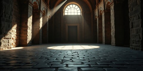 Fototapeta premium Sunlit Stone Hallway with Arched Windows and Columns