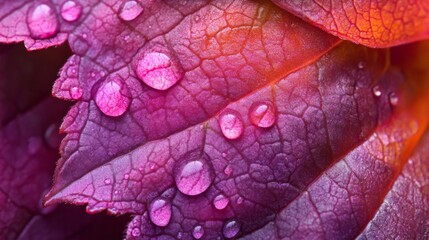 Fototapeta premium Beautiful Close-up of Colorful Leaves with Raindrops in Vibrant Shades of Purple and Pink