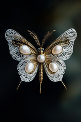 
A sophisticated moth-shaped brooch with delicate silver wings featuring intricate filigree patterns, adorned with moonstones and pearls, and a gold-plated body for a celestial aesthetic