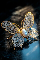 
A sophisticated moth-shaped brooch with delicate silver wings featuring intricate filigree patterns, adorned with moonstones and pearls, and a gold-plated body for a celestial aesthetic