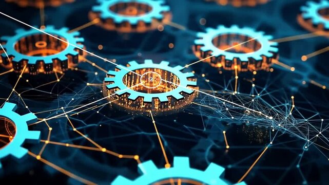 A vibrant display of mechanical gears connected by digital lines in a futuristic setup. Concept of synergy between engineering and advanced technology.