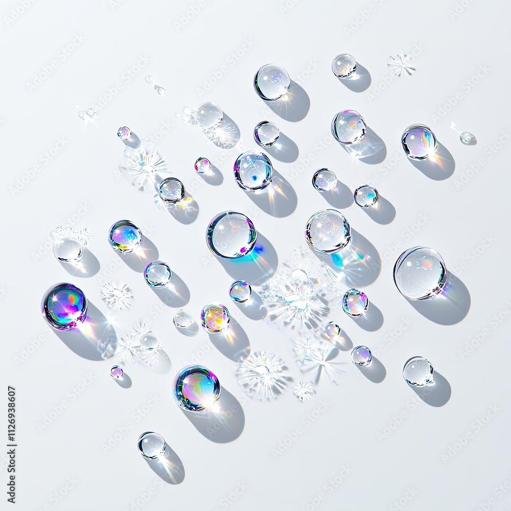Poster lustrous water droplets creating stunning reflections and light patterns on a white background for a