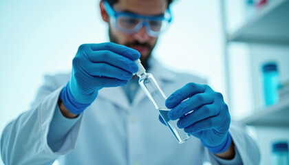 Scientist in lab coat carefully examines a vial of clear liquid  conducting precise research.