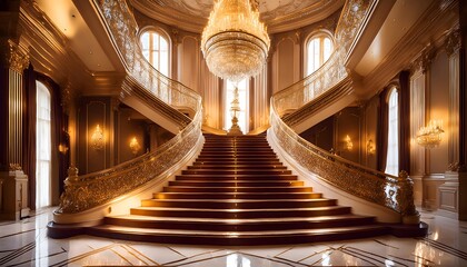 Grand Staircase in Luxurious Hall with Elegant Chandelier and Ornate Gold Detailing