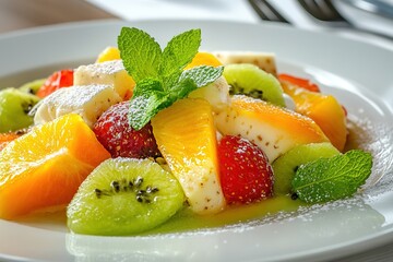 Fresh fruit salad with mint leaf garnish on plate