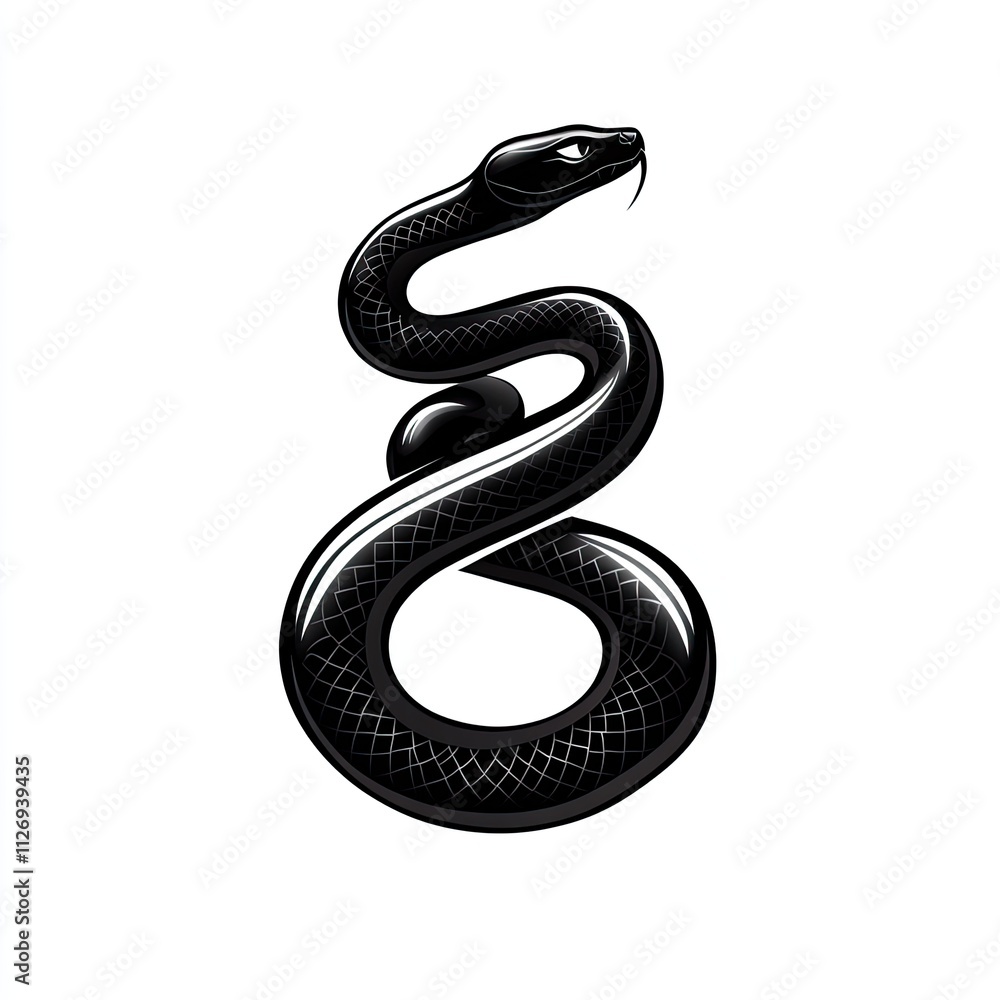Poster black snake silhouette with intricate patterns on a white background suitable for illustrations and 