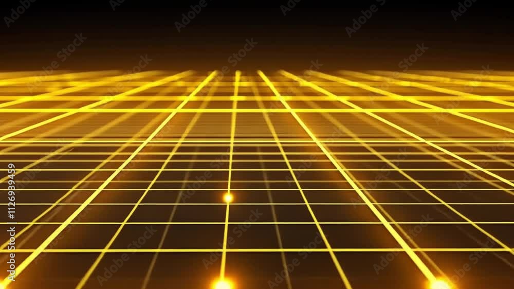 Poster a perspective view of a radiant golden grid illuminated by glowing points of light. perfect for tech