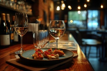 Obraz premium Elegant dining setup with wine and appetizers