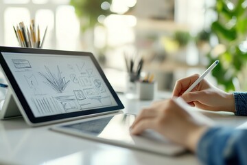 Designer sketching web layout on digital tablet with stylus