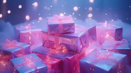 Stack of festive gifts surrounded by glowing frost and sparkling stars
