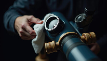 Naklejka premium Cleaning telescope lens for clear astronomical observations.