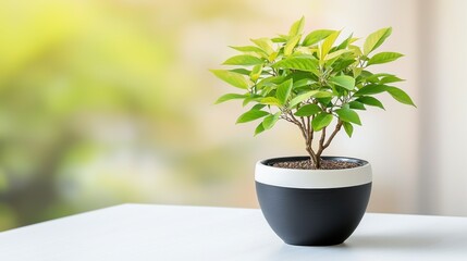 Obraz premium The small plant is nestled neatly in a sleek black and white vase, adding a touch of natural elegance to the minimalist white table it sits upon.