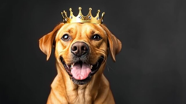 A golden retriever mix posing happily with a crown on its head in a dark studio background. Concept of humor, charm, and the delightful character of pets.