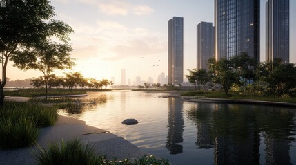 Obraz premium Serene Cityscape Reflection at Sunset