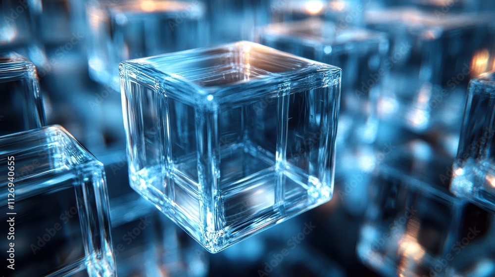 Poster abstract animation 3d render of rotating glass blocks seamless looped vide