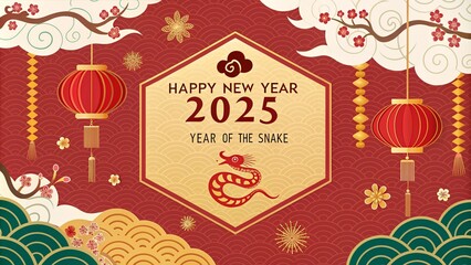 Fototapeta premium Happy Chinese Lunar New Year 2025 Year of the Snake greeting card poster background template