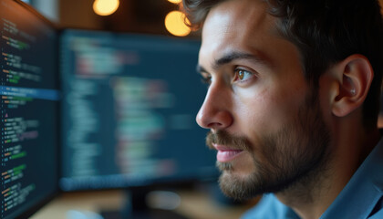 Focused programmer reviewing code on multiple monitors in a dimly lit room.