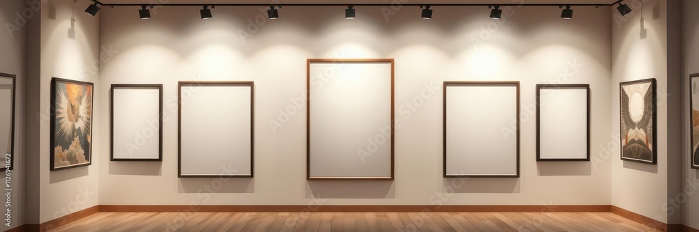 Poster a collection of hanging gallery frames mockups in various sizes and orientations on a neutral backgr