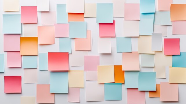 Colorful sticky notes arranged on a white background in a creative and organized manner for brainstorming and ideas sharing