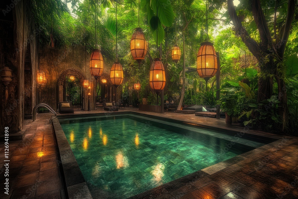 Poster a serene pool surrounded by lush greenery and warm lanterns, creating a tranquil atmosphere.